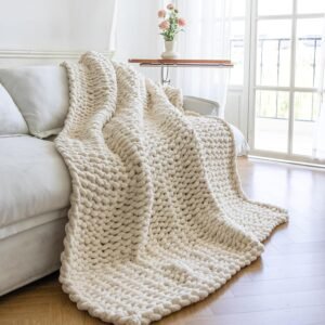 Chunky Knit Blanket – Luxury Soft Cozy 50 * 60 Throw Blanket,100% Woven Blanket Rope Knot Throw Blanket for Couch, Sofa, Home Decor, Gift – Machine Washable (Cream, 50 * 60)