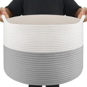 XXXLarge Blanket Basket Living Room – 22″ x 22″ x 14″ Cotton Rope Baskets for Storage – Large Woven Basket for Toys, Towels, Pillows, Clothes- Rope Laundry Basket with Handles – Nursery Hamper Bin