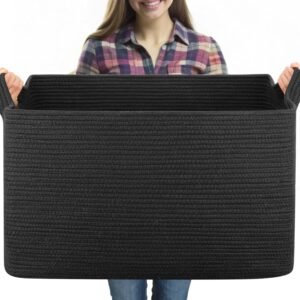 OIASKET 95L Extra Large Blanket Basket, 24″ x 16.9″ x 14.2″ Woven Storage Basket for Living Room, Rectangle Nursery Blanket Storage for Toys, Towels, Dirty Clothes (Black)