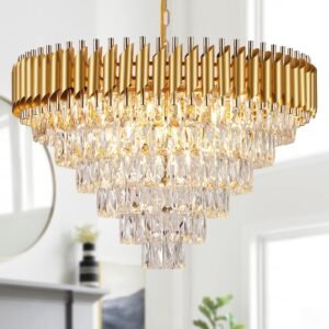 AXILIXI Gold Crystal Chandelier, Modern 30″ Round Chandeliers for Dining Room K9 6-Tier Extra Large Ceiling Pendant Light Fixtures Golden Luxury Chandelier for Foyer Living Room Staircase