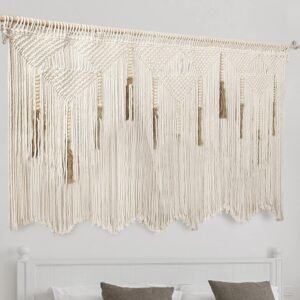Extra Large Macrame Wall Hanging 70.8″ × 39″ Boho Tapestry Woven Decor- Cotton Tassel Curtain Beige Chic Bohemian Wall Art for Home Living Room Bedroom Dorm Wedding (Includes Rod)