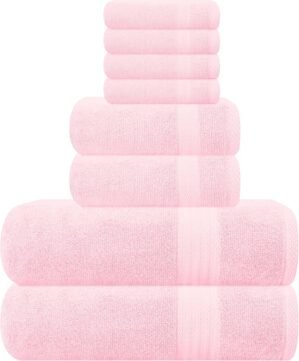 GLAMBURG Ultra Soft 8-Piece Towel Set – 100% Pure Ringspun Cotton, Contains 2 Oversized Bath Towels 27×54, 2 Hand Towels 16×28, 4 Wash Cloths 13×13 – Ideal for Everyday use, Hotel & Spa – Pink
