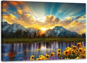 SKASNFAI Grand Teton National Park Wall Art Sunflower Landscape Canvas Mountain Artwork Landscape Print for Living Room Framed (16×24 inch)