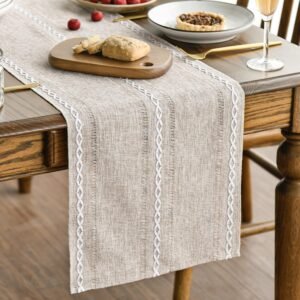 Artoid Mode Brown Rustic Cotton Linen Table Runner, Seasonal Embroidered Hollow Kitchen Dining Table Decoration for Home Party Decor 13×72 Inch