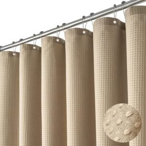Dynamene Beige Fabric Shower Curtain – Waffle Textured Heavy Duty Cloth Shower Curtains for Bathroom, 256GSM Hotel Spa Luxury Weighted Bath Curtain Set with 12 Plastic Hooks,72×72, Beige/Khaki