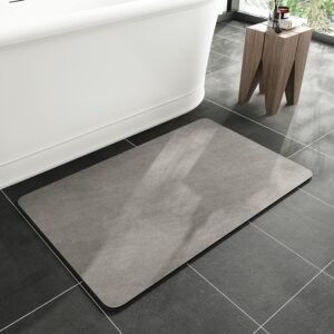 MontVoo -Bath Mat-Rubber Backing Non SlipThin Bathroom Rugs Fit Under Door- Quick Dry Absorbent Faux Suede Surface Grey Bathroom Floor Mats-Shower Rug for in Front of Bathtub Shower Gray 16×24