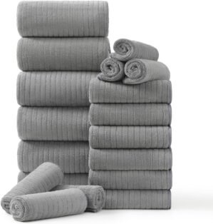 Hailea 18 Piece Family Bath Towel Set Include 6 Bath Towels,6 Hand Towels and 6 Washcloths Soft Bathroom Towel with Hanging Loops,Highly Absorbent Quick Dry Towels Set for Bathroom,Hotel and Spa-Grey