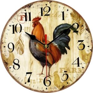 VIKMARI Kitchen Wall Clock 8 Inch Rustic Vintage Rooster Silent Non Ticking Round Quartz Wooden Wall Clocks Battery Operated Easy to Read Retro Decorative Home Decor for Living Room,Bedroom,Kids Room
