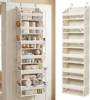 HOMELUX THEORY UPGRADED 6 Tiers Over The Door Organizer Hanging – 100D EXTRA THICK & 50lbs HUGE CAPACITY, 12 Side Mesh Pockets Over The Door Shoe Organizer, Hanging Closet Organizer (Ivory, 1pc)