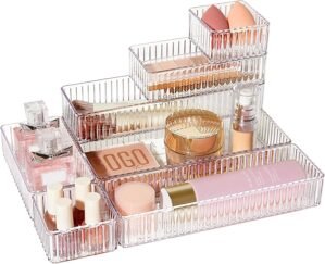 Vtopmart 7 PCS Clear Makeup Drawer Organizers Bins, 4-Size Stackable Makeup and Vanity Organizer Trays, Acrylic Bathroom Storage Containers for Cosmetic, Toiletries, Office Supply, Utensils, Gadgets