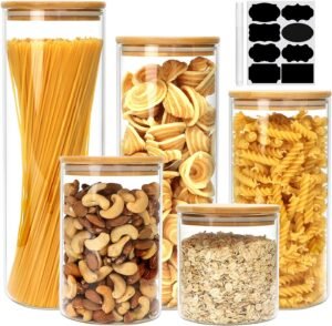 Airtight Glass Jars with Bamboo Lids, Glass Food Storage Containers Set – Set of 5 Kitchen Canisters for Sugar, Candy, Cookie, Rice and Spice Jars