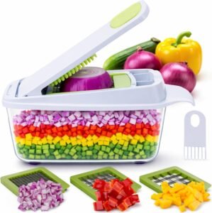 Brieftons QuickPush Food Chopper: 8-Cup Push-Down Onion & Vegetable Dicer, 3 German Steel Blades, BPA-Free Container with Keep-Fresh Lid and Cleaning Comb – Manual, Dishwasher Safe
