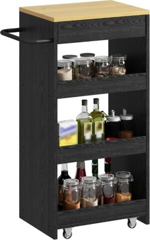 IRONCK Wood Storage Cart 15.8″ W, 4 Tier Rolling Kitchen Cart on Wheels, Slide Out Utility Cart, Organizer Trolley with Handle, Drawer for Kitchen, Laundry, Bathroom, Black