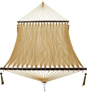PNAEUT 2 Person Caribbean Rope Hammocks for Outside, 12ft Handwoven Polyester Double Hammock with Spreader Bar for Outdoor Indoor, Max 600 lbs Capacity (Tan)