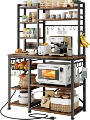 SNTD Baker Rack with Power Outlet – Microwave Stand with Storage, Large Coffee Bar Station with 14 Hooks, Metal Kitchen Shelf Rack for Spices, Pots (Rustic Brown) | with Power Outlet