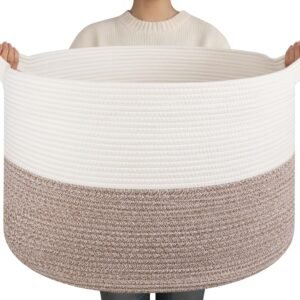 OIAHOMY 90L XXXLarge Blanket Basket for Living Room, 21.7″ x 13.8″ Woven Cotton Rope Laundry Basket for Organizing Pillows, Decorative Stuffed Animal Toy Storage for Nursery, White and Linen Brown