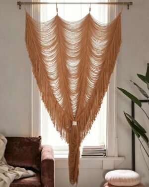 Macrame Curtain Boho Curtain Doorway Window Wall Decor Fiber Yarn Art Handwoven Wall Hanging Art Craftsmanship Home Door Bedroom Wedding Backdrop Arch,Closet Room Divider 59″ W x 75″ H (1 Panel,Khaki)
