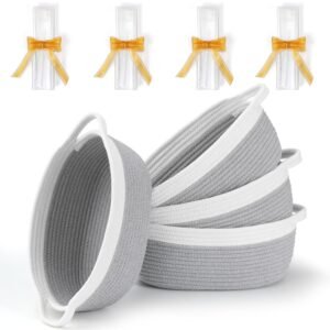 4 Pack Small Woven Basket with Handles, Cotton Rope Room Shelf Storage Basket, Cute Baby Gift Basket for Nursery, Bedroom – Cat Dog Toys Basket, Empty Decorative Gift Chest Box, All 12″x 8″x 5″,Grey