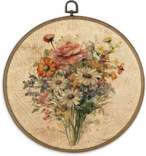 MAQIKA Vintage Floral Framed Wall Art Decor, Botanical Canvas Prints, Farmhouse Flower Round Wall Hanging, Boho Wall Art for Living Room Bedroom Kitchen, 10×10 Inch