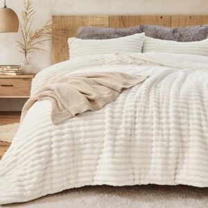 Sasttie Queen Comforter Set 3 Pieces – Super Soft Fleece Comforters Queen Size, 1 Luxury Warm Fuzzy Marshmallow Comforter with 2 Pillow Cases, Faux Fur Down Alternative Bedding Set, Cream White