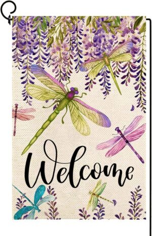 Baccessor Spring Summer Flower Garden Flag Wisteria Dragonfly Floral Welcome Small Yard Flag Burlap Double Sided Vertical Seasonal Farmhouse Wedding Outside Outdoor Decoration 12.5×18 Inch