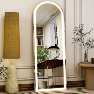 GLSLAND 20″x56″ Arched LED Full Length Mirror with Lights – Wall Mounted or Standing Full Body Mirror for Bedroom/Cloakroom – Dimmable with 3 Color Lighting Modes