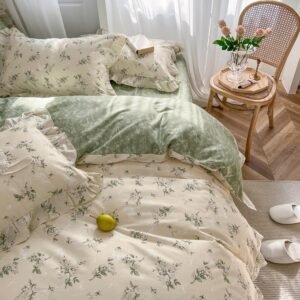 mixinni Reversible Sage Green Floral Duvet Cover Set Queen Size – 100% Cotton Cute Botanical Patterns Bedding Set with Ruffle Lace, 3PCs Beige Soft Aesthetic Cottagecore Style Duvet Cover for Girls
