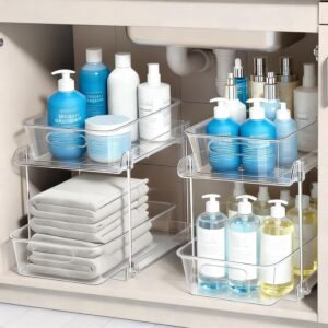 2 Tier Under Sink Organizer Bathroom Organizers and Storage, Clear Stackable Bathroom Cabinet Organizer, Multipurpose Pull-Out Home Organizer for Kitchen and Pantry Storage 2 Pack