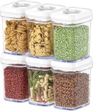 DWËLLZA KITCHEN Airtight Food Storage Containers for Pantry With White Lids 1L – 6 Pack – Clear Plastic Air Tight Kitchen Containers Pantry Organization and Storage BPA-Free Keeps Food Fresh & Dry