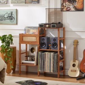 LELELINKY Record Player Stand, Brown Wood Record Holder with Vinyl Storage Holds up to 300+ Albums, 3-Tier Rattan Media Table with Vinyl Display Shelf, Record Storage Cabinet for Living Room