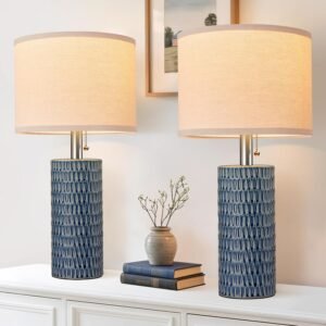 Reaketon 20.5″ Modern Ceramic Table Lamps for Bedroom Set of 2, Bedside Lamps for Night Stands with Beige Lampshade, Farmhouse Table Lamp for Living Room Office Dorm, Blue