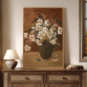 Framed Vintage Floral Wall Art for Living Room, Rustic Retro Flower Brown Canvas Painting Print, Antique Botanical in Vase Vertical Picture for Kitchen Bedroom Hallway Office Wall Decor, 24×36 Inch