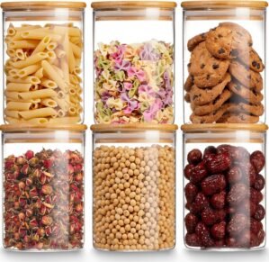 Gencywe Glass Storage Jars with Airtight Bamboo Lid, 27 OZ Food Storage Jar with Labels, Airtight Glass Canisters, Clear Kitchen Container for Candy, Cookie, Rice, Coffee Beans, Snacks, Spices