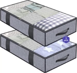 Onlyeasy Foldable Underbed Bags 2 Pack – Blankets Clothes Comforters Storage Bag Breathable Zippered Organizer for Bedroom with Clear Window and 4 Handles, 39.4×19.7×5.9 in, Linen-like Grey, MXDUBBP2