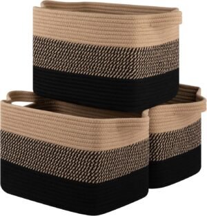 OIASKET Storage Basket for Organizing, Woven Baskets for Storage, Rectangle Decorative Baskets for Shleves, Closet, Toys, Books, Nursery Organizer Bins – Pack of 3 (Black & Brown, 13″x9.85″x8.7″)