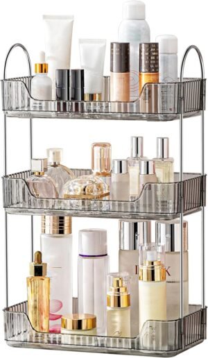 Akinbas 3 Tier Bathroom Organizer Countertop Makeup Perfume Tray Skincare Organizer for Bathroom Dresser Vanity (Grey)