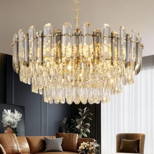Gold Crystal Chandelier 24″ 12-Light 4-Tier K9 Crystal Round Adjustable Pendant Light Modern Crystal Chandeliers for Dining Room Living Room Kitchen Island Bedroom Foyer Entryway