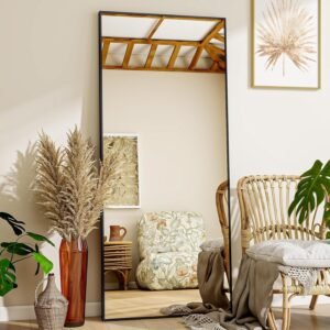 VooBang Mirror Full Length – 21″ x 57″ Floor Mirror with Stand, Aluminum Alloy Frame Full Body Mirror, Standing Hanging or Leaning Against Wall for Bedroom and Living Room, Black