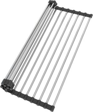Roll Up Dish Drying Rack for Over Sink -17.5″x11.8″ Foldable Stainless Steel Kitchen Drainer, Black