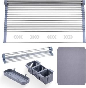 Havenity™ Expandable Roll Up Dish Drying Rack with Drying Mat – Adjustable Up to 22.75″ with 2 Free Attachments & 2 Removable Baskets, 304 Stainless Steel Over The Sink Dish Drying Rack Cover Kitchen