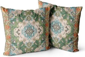 Snycler Boho Throw Pillow Covers 18×18 inch Set of 2 Boho Rug Carpet Double Sided Pattern Cotton Soft Pillow Case Cushion Cover Pillowcase for Couch Sofa Bed Decorative (Green)