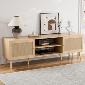 ZttRiee TV Stand for TVs up to 65”, Entertainment Center With Rattan Door, Shelves & 2 Cabinets, Long Boho Media Console for Living Room, Natural
