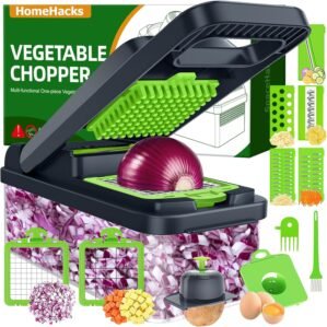 HomeHacks Vegetable Chopper Vegetable Cutter, 12 in 1 Kitchen Gadget, Dicer, Slicer, Onion Cutter, Salad, Cheese Grater & Egg Separator – Multi-Functional Veggie Chopper Lid with Handle (Green)