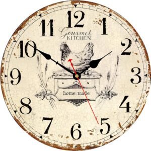 Rustic Wall Clock French Country Vintage 14 Inch Battery Operated Silent Non-Ticking Wooden Wall Clocks Retro Arabic Numerals Animal Hen Style (Gourmet Kitchen)