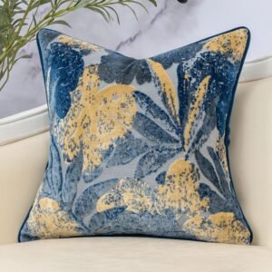 Yangest Blue Leaf Square Pillow Cover Cut Velvet Cushion Cover Luxury Modern Pillowcover for Couch Living Room Bedroom,18×18 Inch