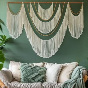 Flber Large Macrame Wall Hanging – Boho Yarn Art Garland with Tassels and Beads, Handmade Rope Decor for Nursery, Party, Wedding, Bedroom, Fireplace Mantel, or Photo Backdrop 57″ W x 41″ L