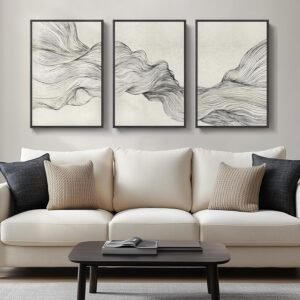 Large Framed Neutral Modern Abstract Wall Art, 3 Piece Black and Beige Canvas Prints Paintings Artwork for Walls, Minimalist Line Pictures for Living Room Hallway Office Wall Decor -Total 30×60 Inch