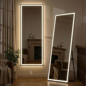 Full Length Mirror with Lights, 71″ x 26″ LED Floor Mirror, Full Body Dressing Standing Mirrors with Dimming & 3 Color Lighting, Hanging Mounted Mirrors for Living Room Bedroom Cloakroom
