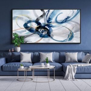KLAKLA Large Wall Art for Living Room – Abstract Wall Decor Framed Picture Artwork for Wall Decorative Paintings Blue and White Modern Office Bedroom Art