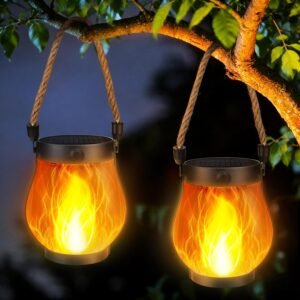 Solar Flame Lights Hanging Outdoor Waterproof – 2 Pack Solar Lantern Lights with Dual Charging Modes of Solar & USB for Garden Yard Patio Birthday Mothers Day Gifts for Women (Warm White – 2 Pack)